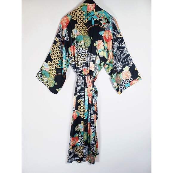 Natori Kimono Robe & Gown Asian Floral XL Belted Satin Pockets Black Geometric - Picture 4 of 11